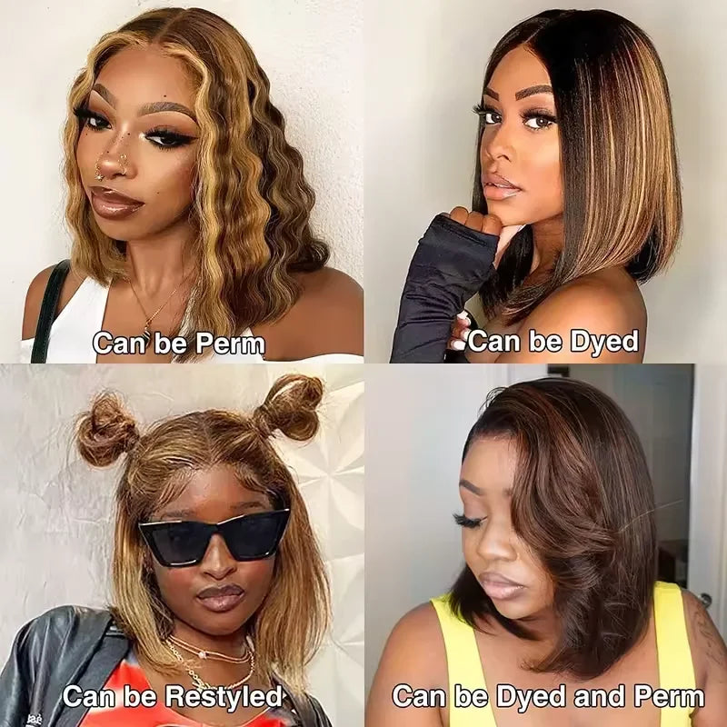4/27 Highlight Bob Wigs Straight Lace Front Wig Human Hair Ombre Frontal Bob Wig Human Hair Gluelss Wear To Go Ombre Brown Wig 1
