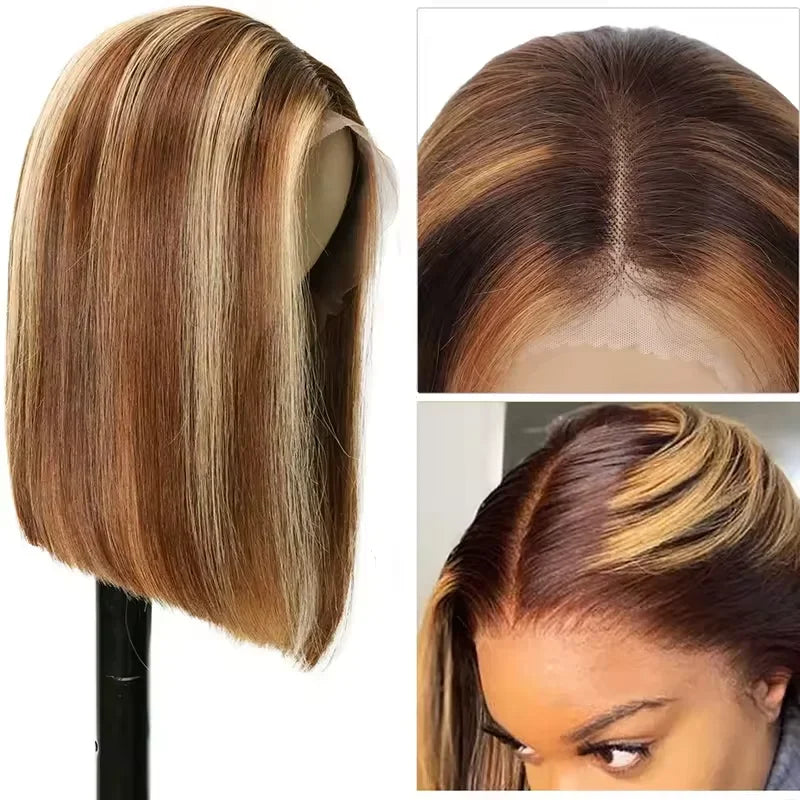 4/27 Highlight Bob Wigs Straight Lace Front Wig Human Hair Ombre Frontal Bob Wig Human Hair Gluelss Wear To Go Ombre Brown Wig 1