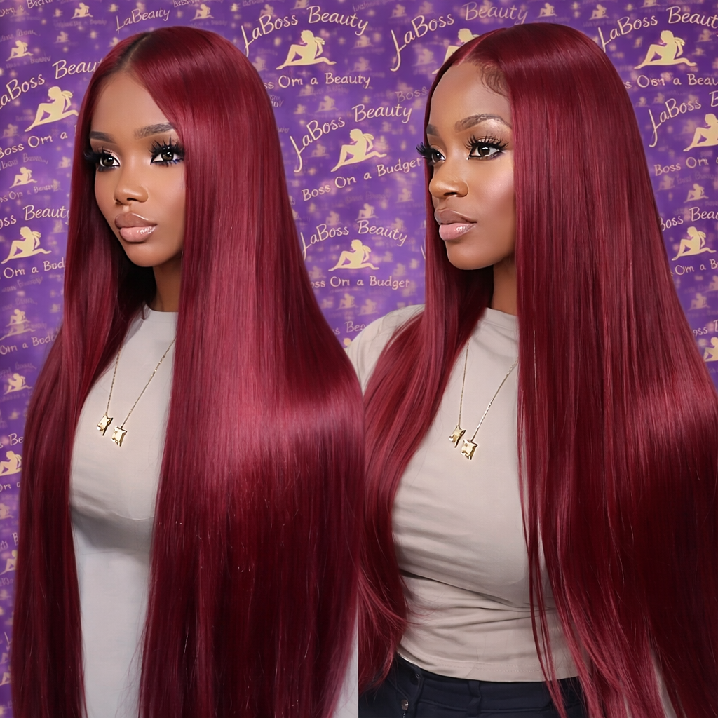 LaBoss Beauty Burgundy Straight Lace Front Wig | 13x6 HD Lace | 100% Human Hair | Sleek & Full Luxury Unit