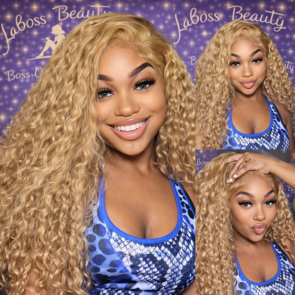 200% Density #27 Honey Blonde Wig Human Hair Deep Wave 13x6 Human Hair Lace Frontal Wig 13x4 Lace Front Human Hair Wig Curly Wig