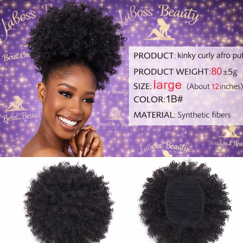 Afro Puff kinky curly Drawstring Ponytail Extension for Women Synthetic Short Afro Kinkys Curly Afro Bun Extension Hairpieces Updo Hair Extensions with Two Clips(1B)