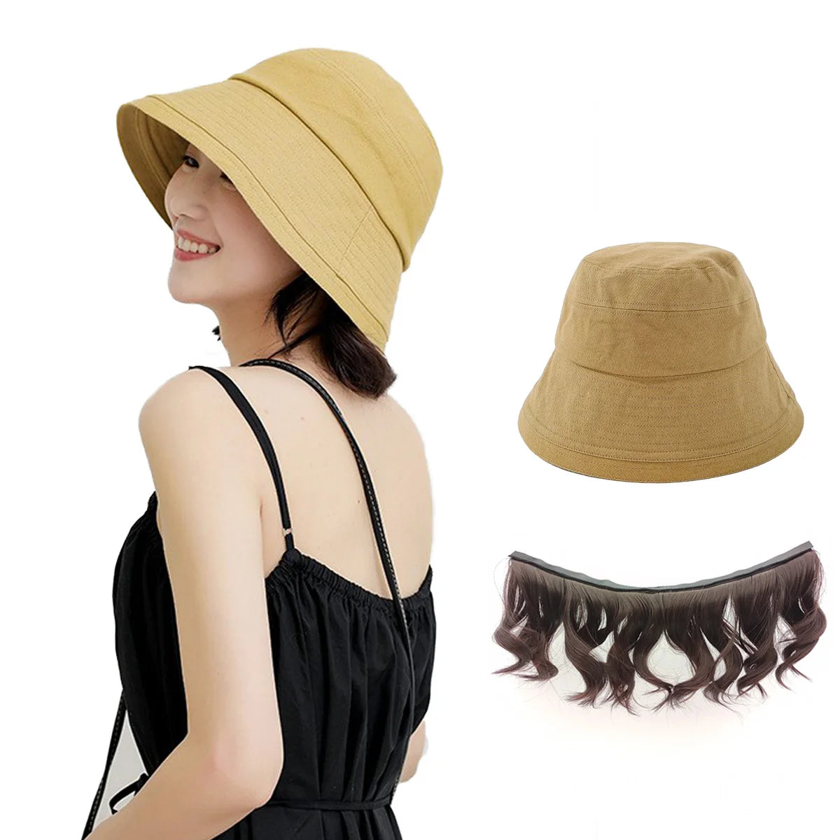 Fashionable Bucket Hat with Hair for Women,Short Wavy Detachable Fake Hat Wigs for Fall/Summer/Spring,Black/Khaki Cap Wig