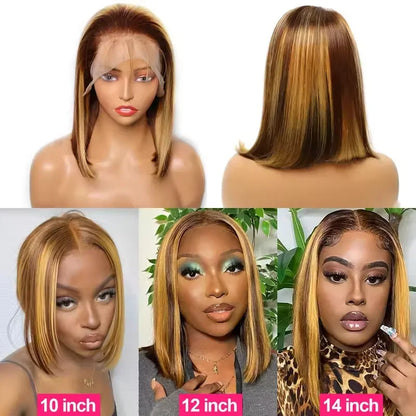 4/27 Highlight Bob Wigs Straight Lace Front Wig Human Hair Ombre Frontal Bob Wig Human Hair Gluelss Wear To Go Ombre Brown Wig 1