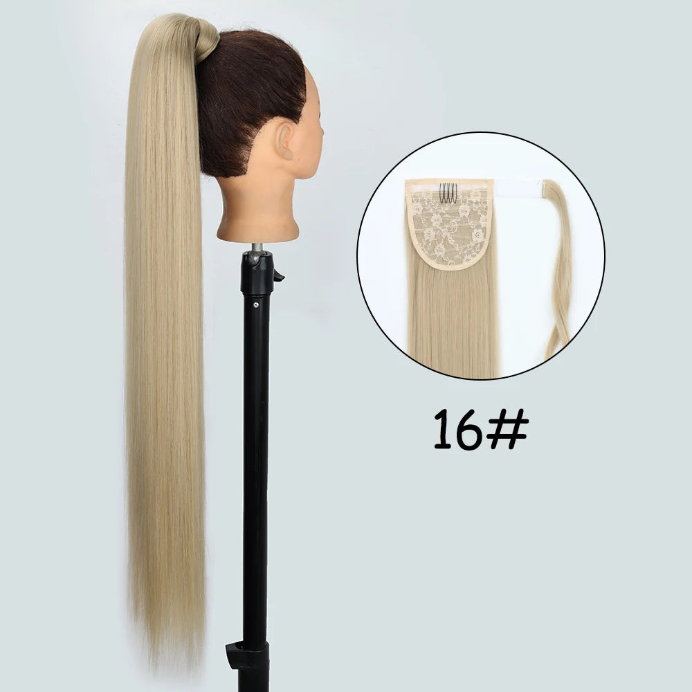 34inches Synthetic Ponytail Hair Extension Clip in Fake Wig Hairpiece Blonde Wrap Around Pigtail Long Smooth Overhead Pony Tail