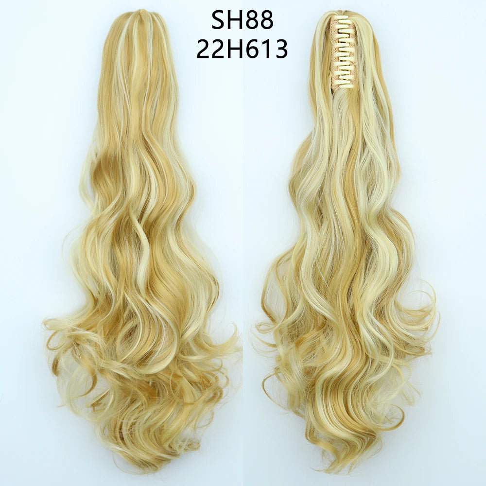 Azqueen Heat Resistant Synthetic Ponytai Hair 22" Wavy Claw Clip in Golden black Hair Extensions Ponytail