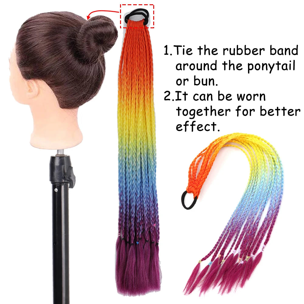 AZQUEEN Synthetic Colored Braided Ponytail Hair Extension Rainbow Color Braids Pony Tail With Elastic Band Girl's Pigtail