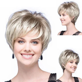 Women's Fashion Short Synthetic Wigs Pixie Cut Blonde Ombre Hair Costume Party Female Natural Curly Wavy Wig