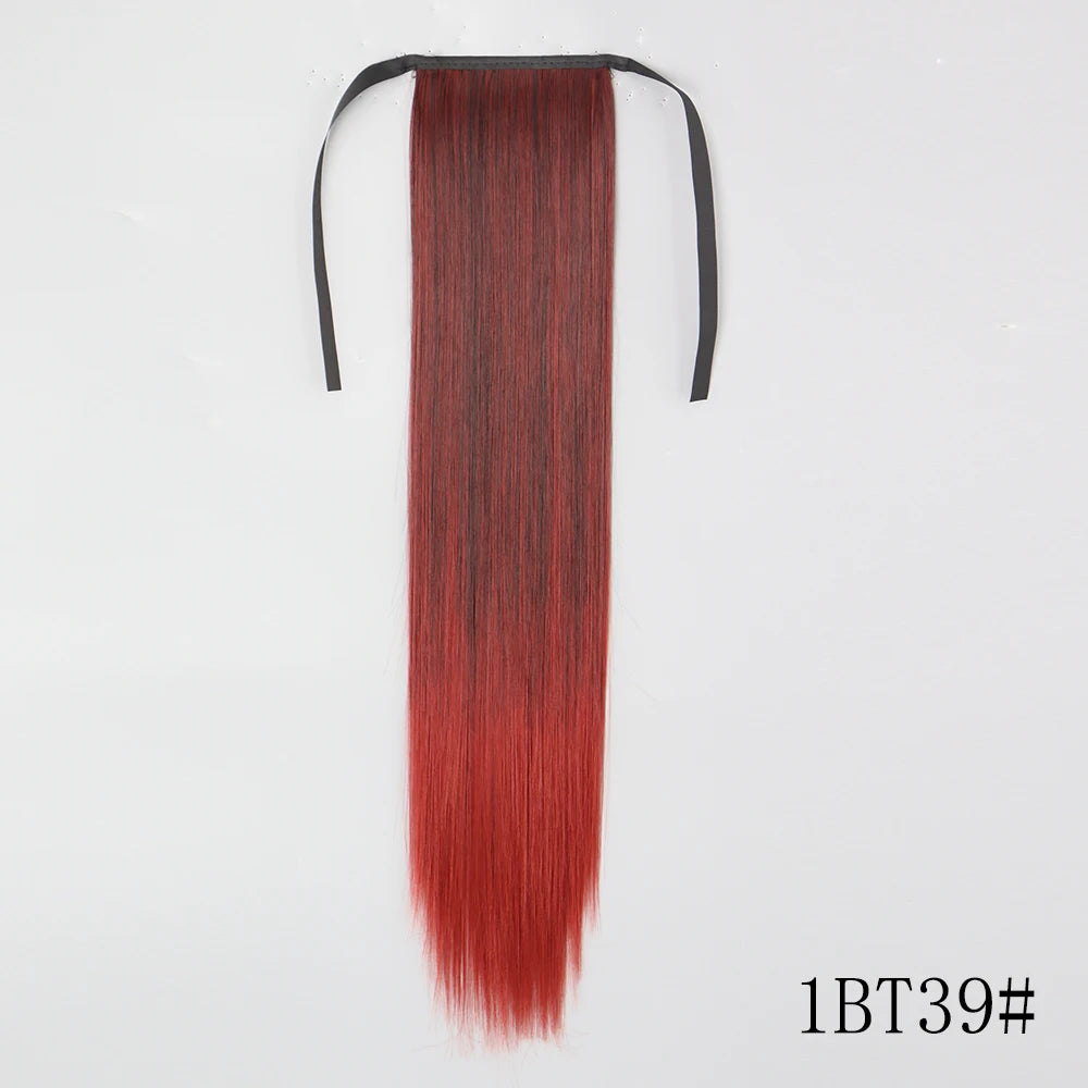 22 34inches Long Straight Ponytail Synthetic Extensions Heat Resistant Hair Wrap Around Pony Hairpiece for Women