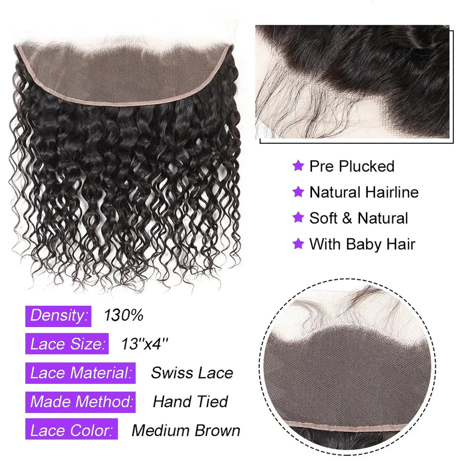 100% Human Hair Bundles with Closure Frontal Brazilian Deep Wave Hair Extensions and 13x4 Lace Frontal Curly Human Hair Weaving