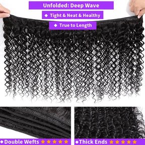 100% Human Hair Bundles with Closure Frontal Brazilian Deep Wave Hair Extensions and 13x4 Lace Frontal Curly Human Hair Weaving