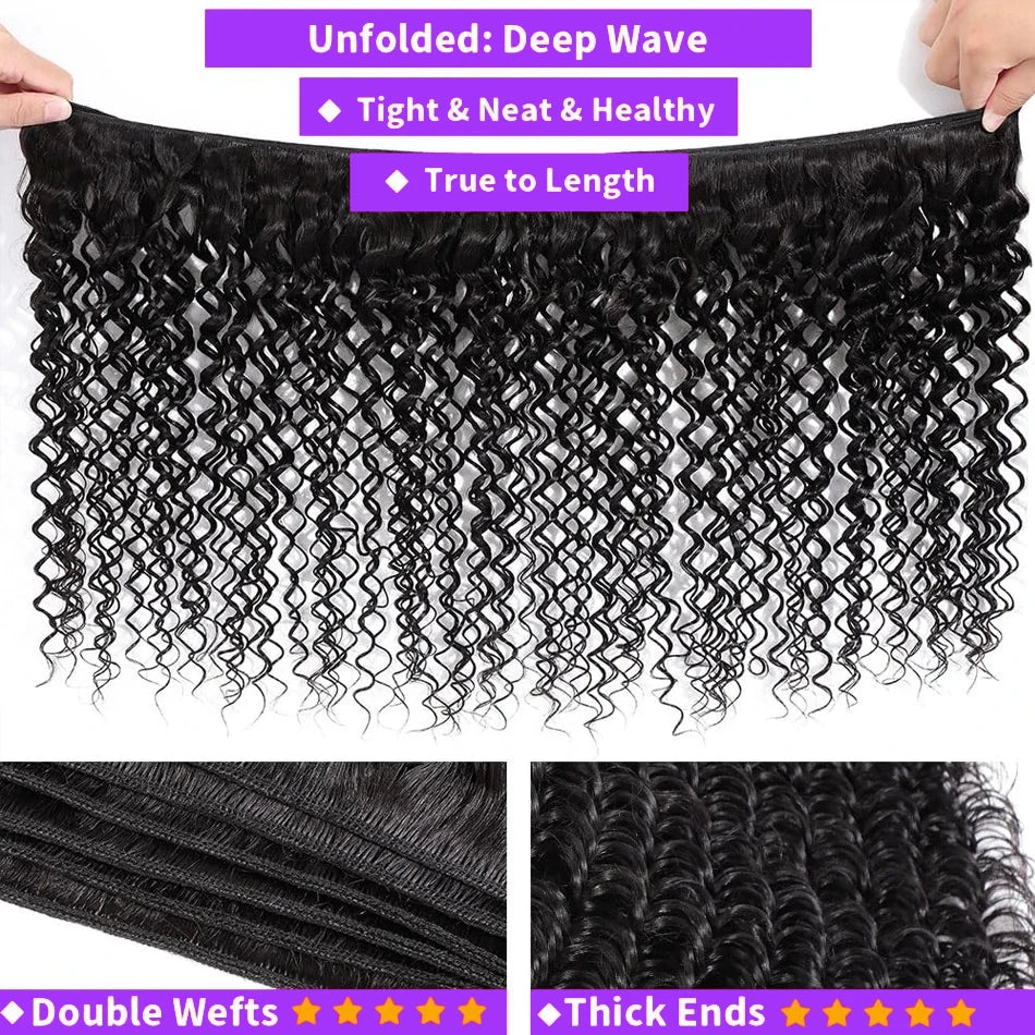 100% Human Hair Bundles with Closure Frontal Brazilian Deep Wave Hair Extensions and 13x4 Lace Frontal Curly Human Hair Weaving