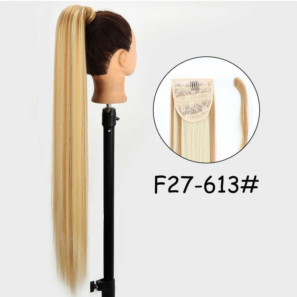 34inches Synthetic Ponytail Hair Extension Clip in Fake Wig Hairpiece Blonde Wrap Around Pigtail Long Smooth Overhead Pony Tail