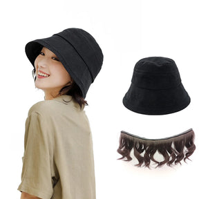 Fashionable Bucket Hat with Hair for Women,Short Wavy Detachable Fake Hat Wigs for Fall/Summer/Spring,Black/Khaki Cap Wig