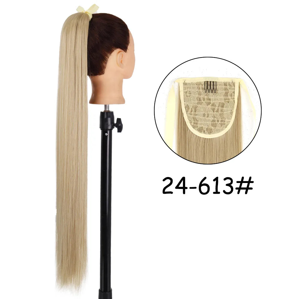 34inches Synthetic Ponytail Hair Extension Clip in Fake Wig Hairpiece Blonde Wrap Around Pigtail Long Smooth Overhead Pony Tail