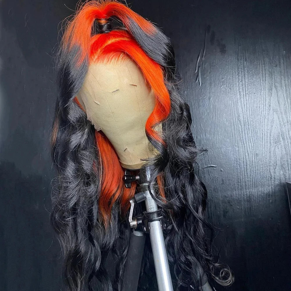 Charisma 26 Inches Long Body Wave Synthetic Lace Front Wig Orange To Black Ombre Wigs For Women Frontal Wig Cosplay