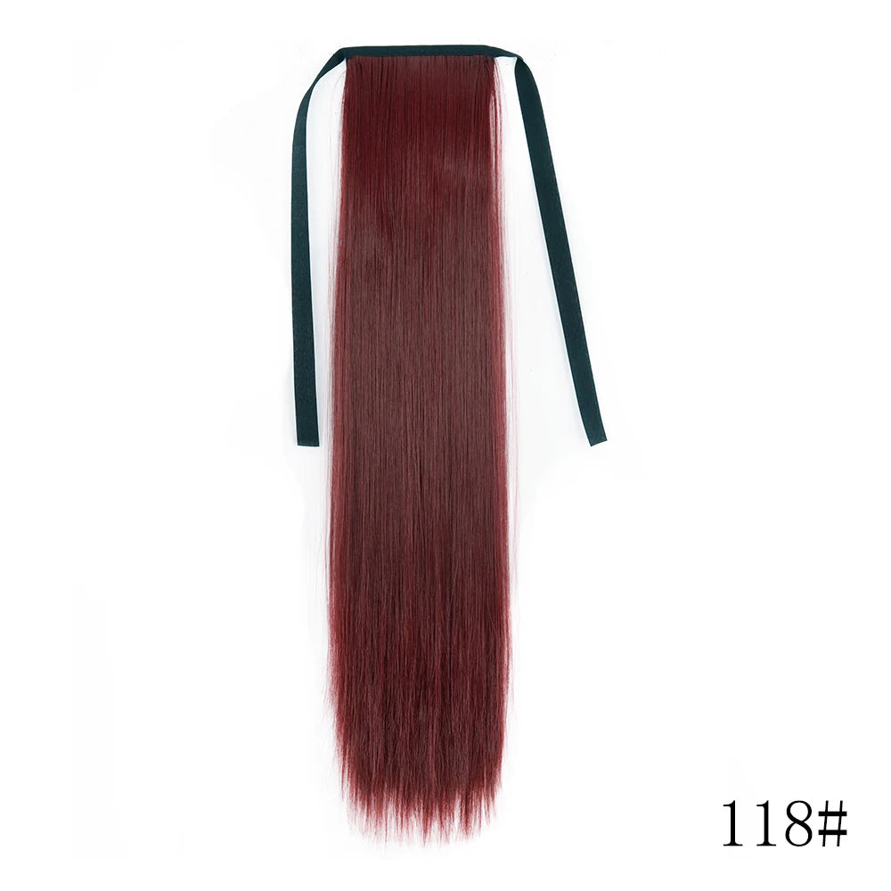 22 34inches Long Straight Ponytail Synthetic Extensions Heat Resistant Hair Wrap Around Pony Hairpiece for Women