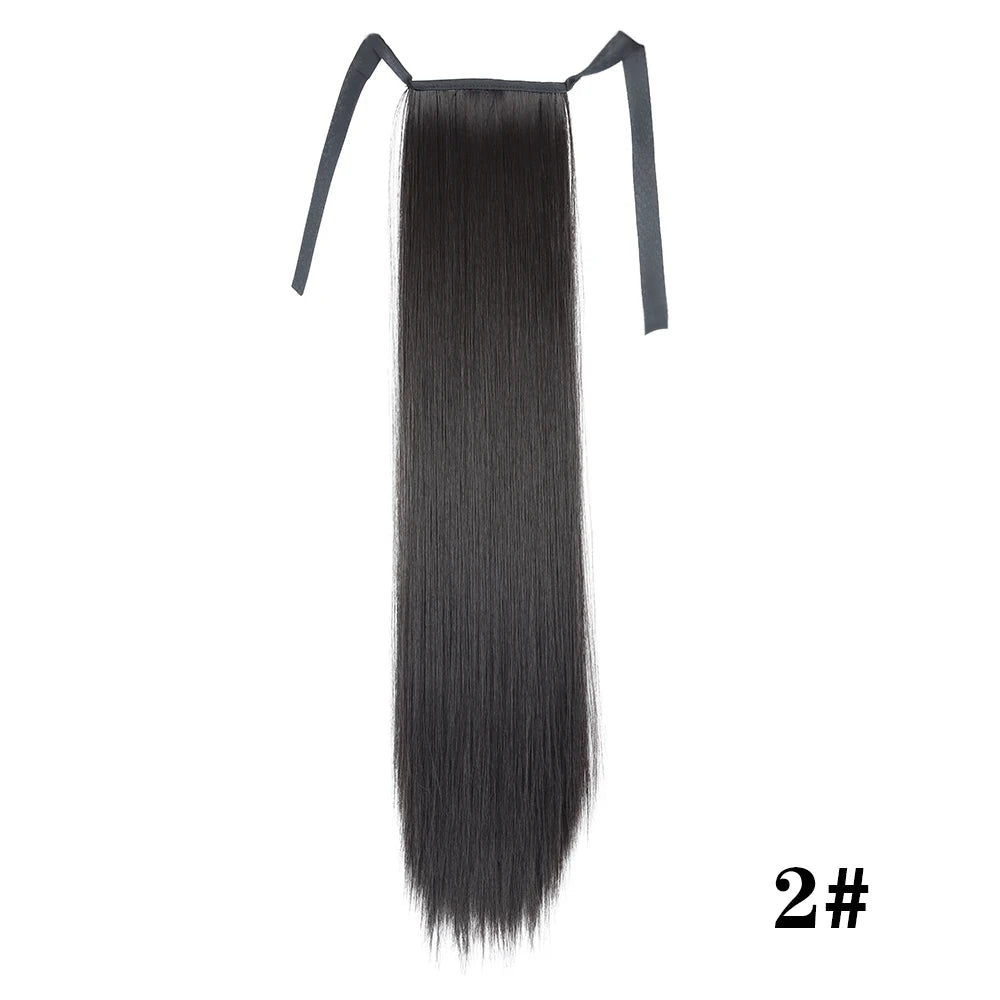 Synthetic Hair 22''' Long Straight Heat-Resistant Straight Hair With Ponytail Fake Hair Chip-in Natural Hairpiece Headwear