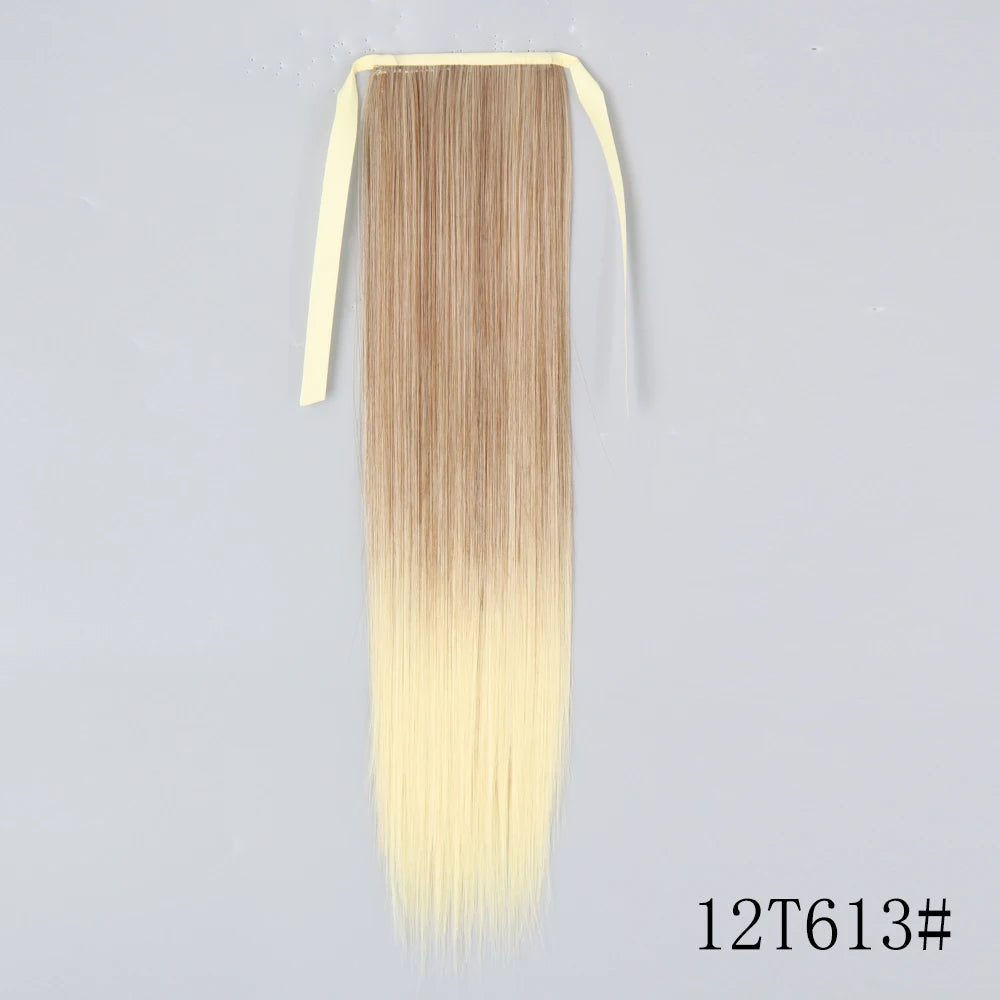 22 34inches Long Straight Ponytail Synthetic Extensions Heat Resistant Hair Wrap Around Pony Hairpiece for Women