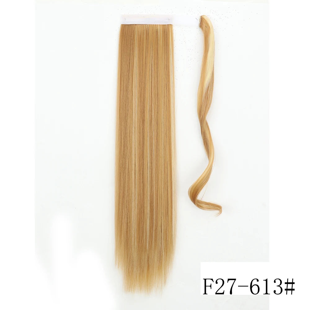 22 34inches Long Straight Ponytail Synthetic Extensions Heat Resistant Hair Wrap Around Pony Hairpiece for Women