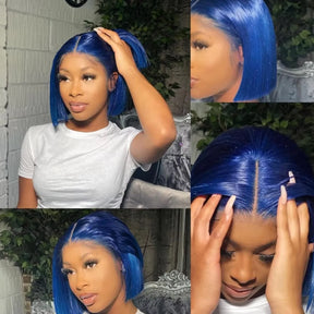 200 High Density Blue Lace Front Straight Wig 100% Human Hair Short Bob 13x4 Transparent Frontal Lace Wigs For Women