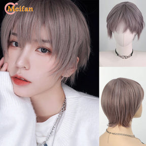 MEIFAN Synthetic Short Cosplay Lolita Anime Men Wig Male Straight Hair High Temperature Fiber Pink Blue Blonde Ombre Black Wig