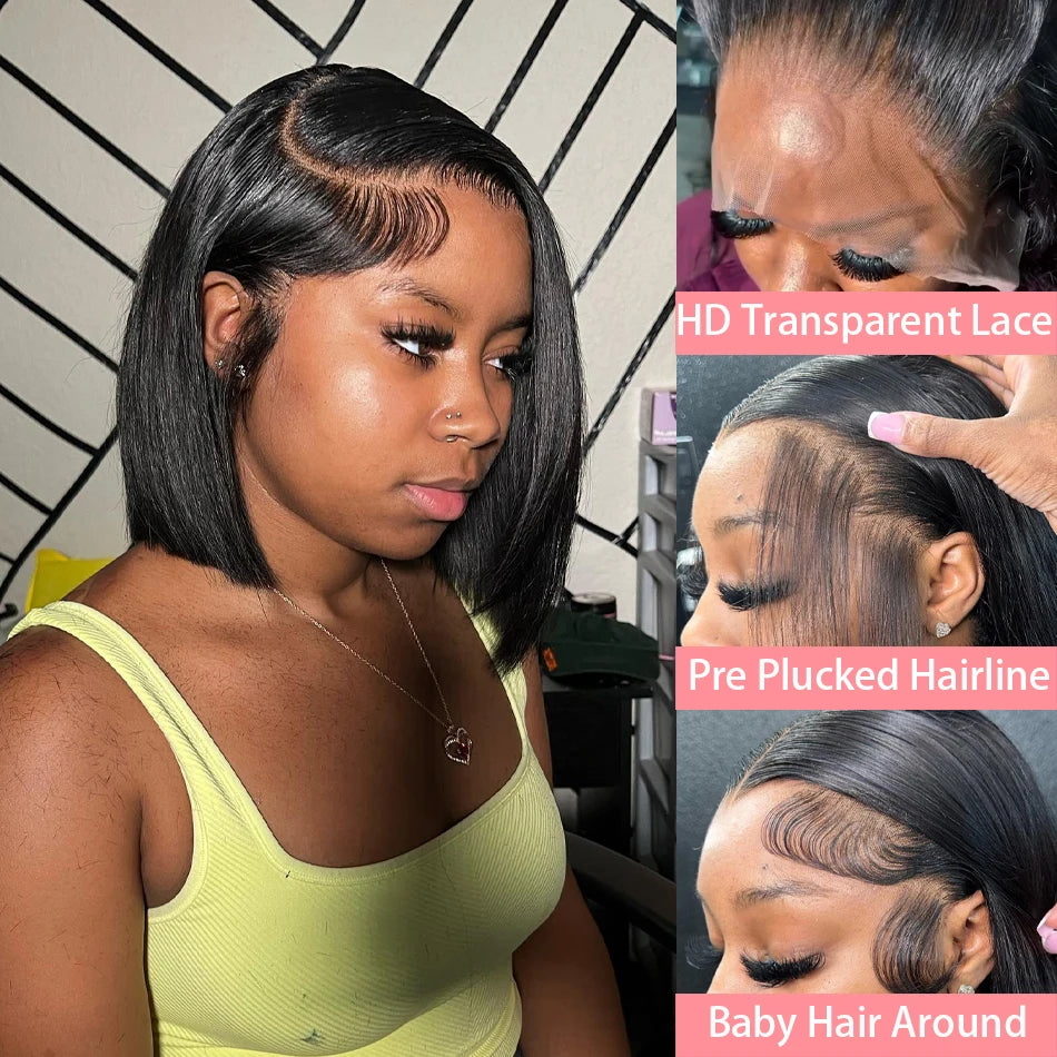 200 Density Straight Short Bob Lace Wig 13x4 Lace Closure Bob Wigs 100% Human Hair 4x4 Lace Front Wig For Black Women 12 14 Inch