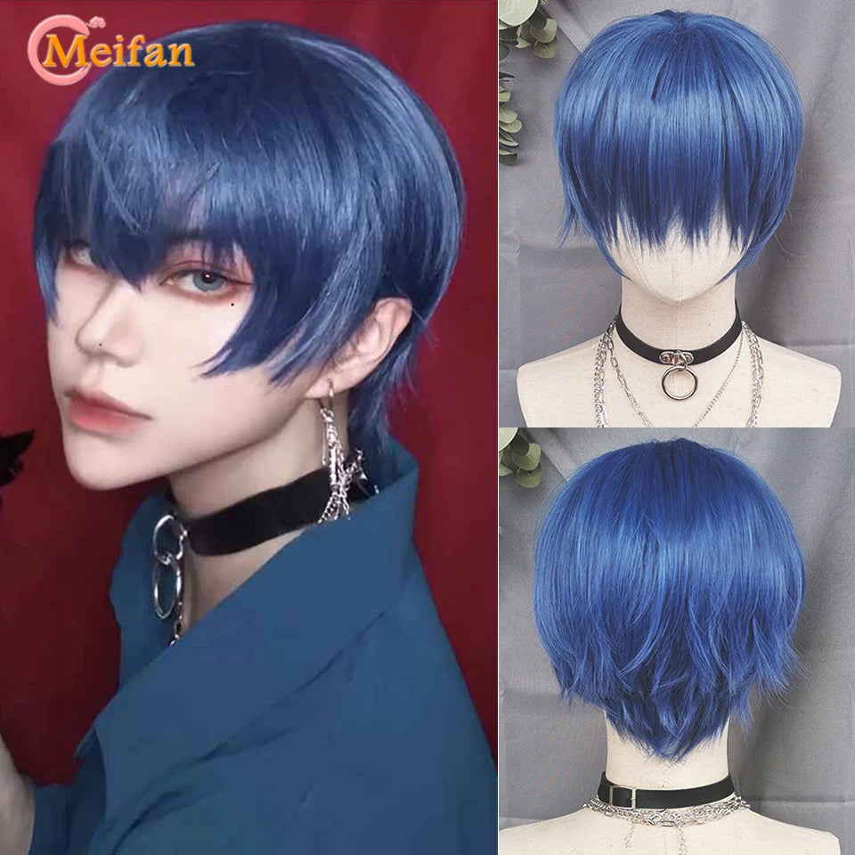 MEIFAN Synthetic Short Cosplay Lolita Anime Men Wig Male Straight Hair High Temperature Fiber Pink Blue Blonde Ombre Black Wig