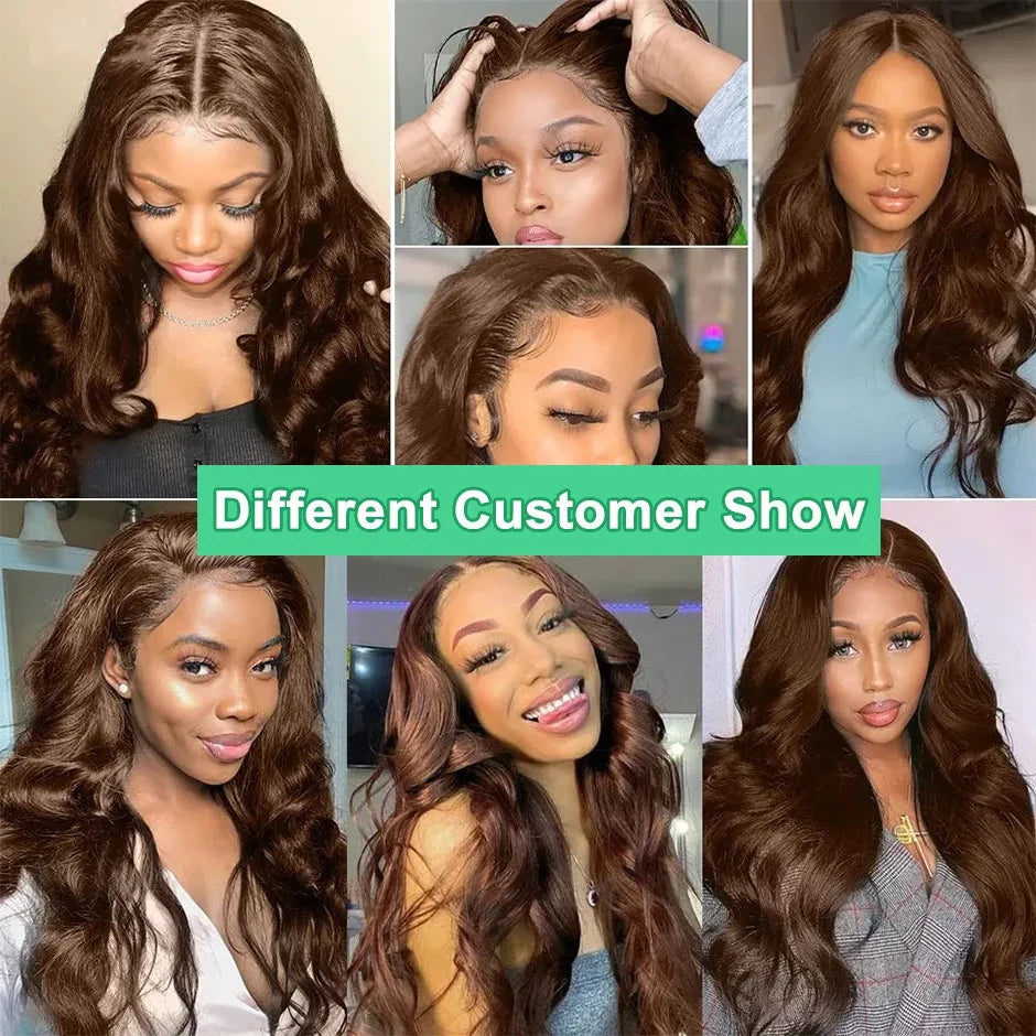 13x4 Chocolate Brown Body Wave Lace Front Wigs 180% Transparent Lace Frontal Wig Pre Plucked Colored Human Hair Wig For Women