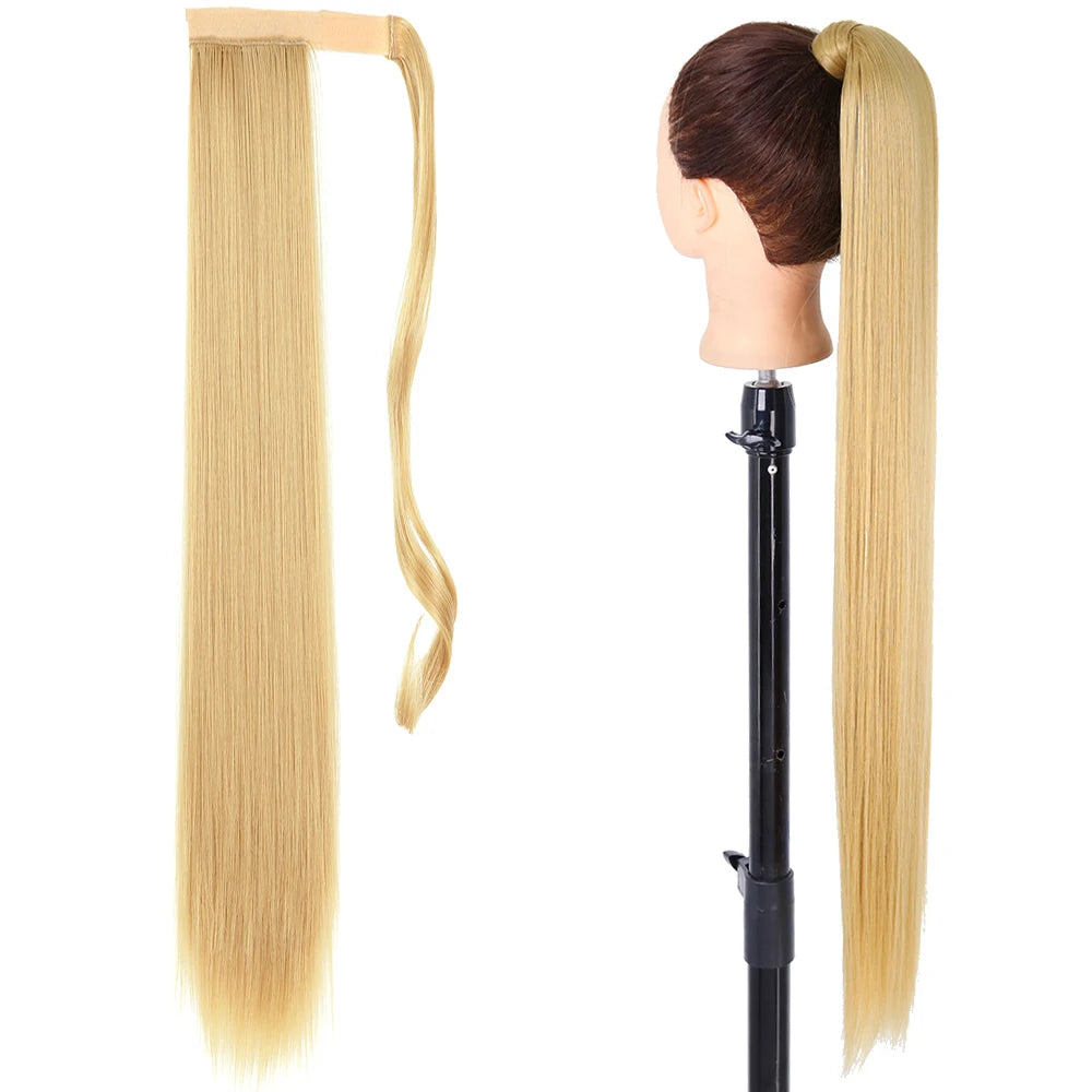 Synthetic Ponytail Hair Extension Long Straight Clip In Natural Hairpiece Black Blonde Hairstyle 85cm Wrap Around Pony Tail