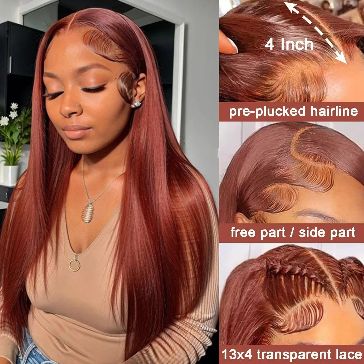 32 Inch Reddish Brown Bone Straight 13x4 Human Hair Lace Front Wig Colored Brazilian Transparent Lace Frontal Wig For Women