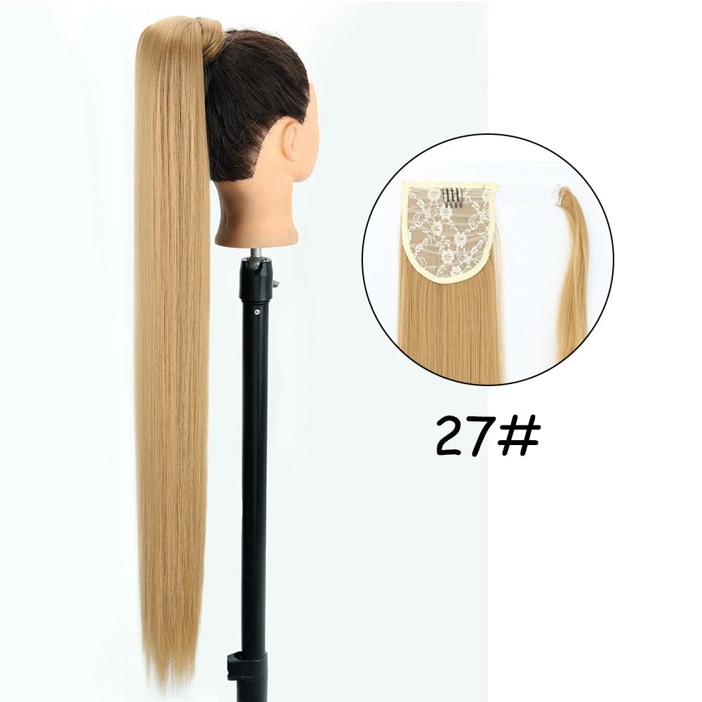 34inches Synthetic Ponytail Hair Extension Clip in Fake Wig Hairpiece Blonde Wrap Around Pigtail Long Smooth Overhead Pony Tail