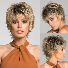 Women's Fashion Short Synthetic Wigs Pixie Cut Blonde Ombre Hair Costume Party Female Natural Curly Wavy Wig