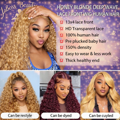 200% Density #27 Honey Blonde Wig Human Hair Deep Wave 13x6 Human Hair Lace Frontal Wig 13x4 Lace Front Human Hair Wig Curly Wig