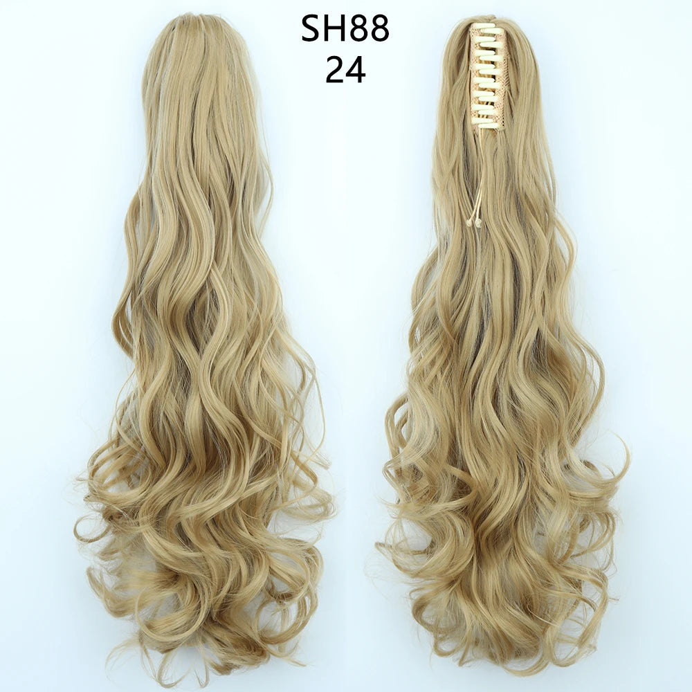 Azqueen Heat Resistant Synthetic Ponytai Hair 22" Wavy Claw Clip in Golden black Hair Extensions Ponytail