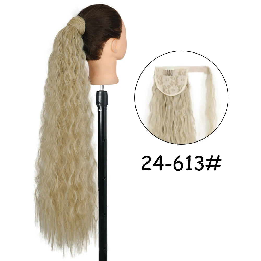 34inches Synthetic Ponytail Hair Extension Clip in Fake Wig Hairpiece Blonde Wrap Around Pigtail Long Smooth Overhead Pony Tail