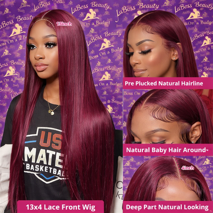 LaBoss Beauty Burgundy Straight Lace Front Wig | 13x6 HD Lace | 100% Human Hair | Sleek & Full Luxury Unit