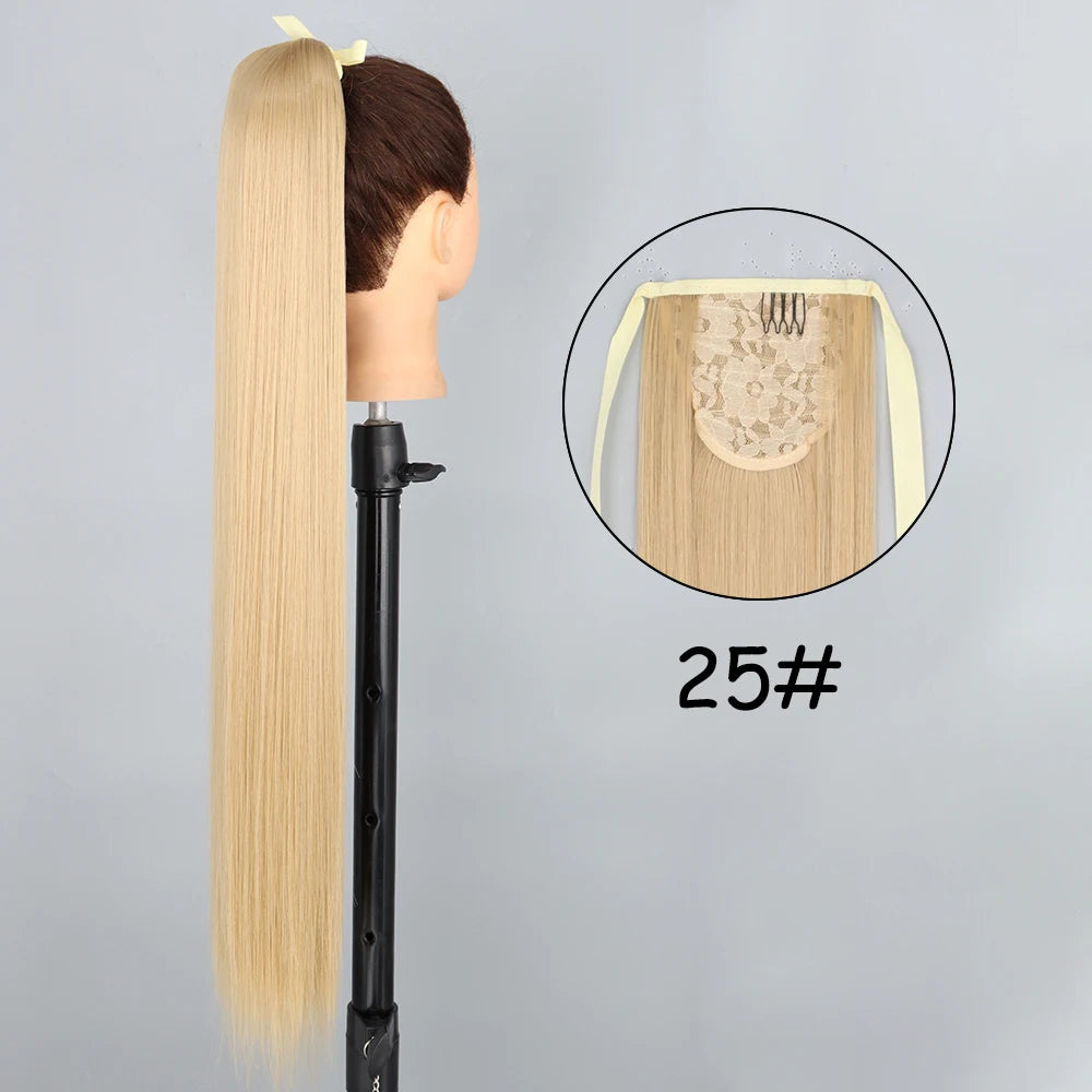 34inches Synthetic Ponytail Hair Extension Clip in Fake Wig Hairpiece Blonde Wrap Around Pigtail Long Smooth Overhead Pony Tail