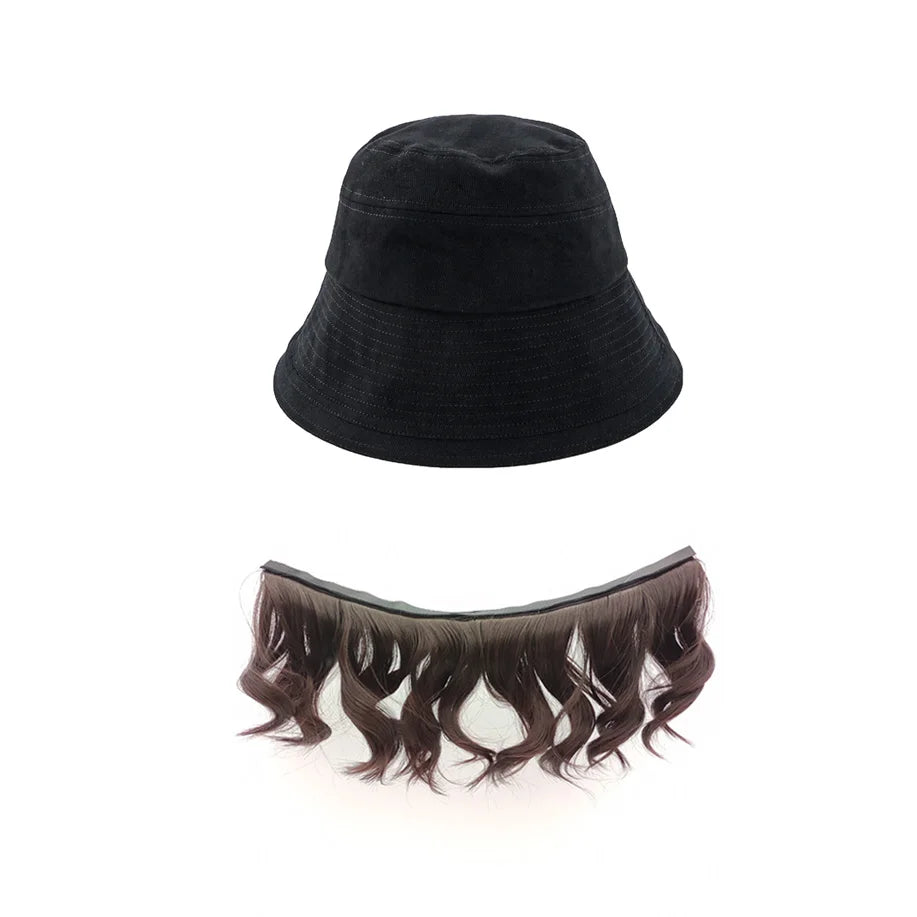 Fashionable Bucket Hat with Hair for Women,Short Wavy Detachable Fake Hat Wigs for Fall/Summer/Spring,Black/Khaki Cap Wig