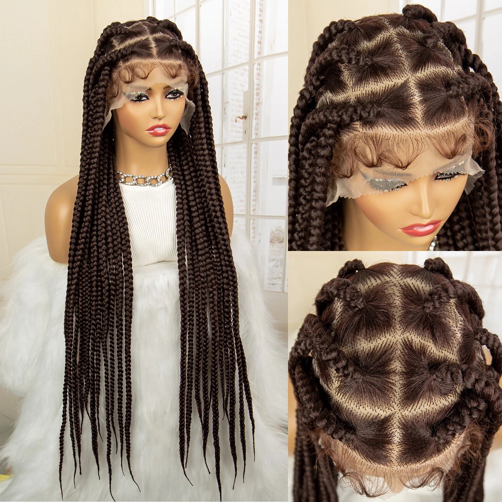 Synthetic Full Lace Big Knotless Box Braided Wigs for Women 36 Inches Lace Frontal Cornrow Braiding Wig with Baby Hair