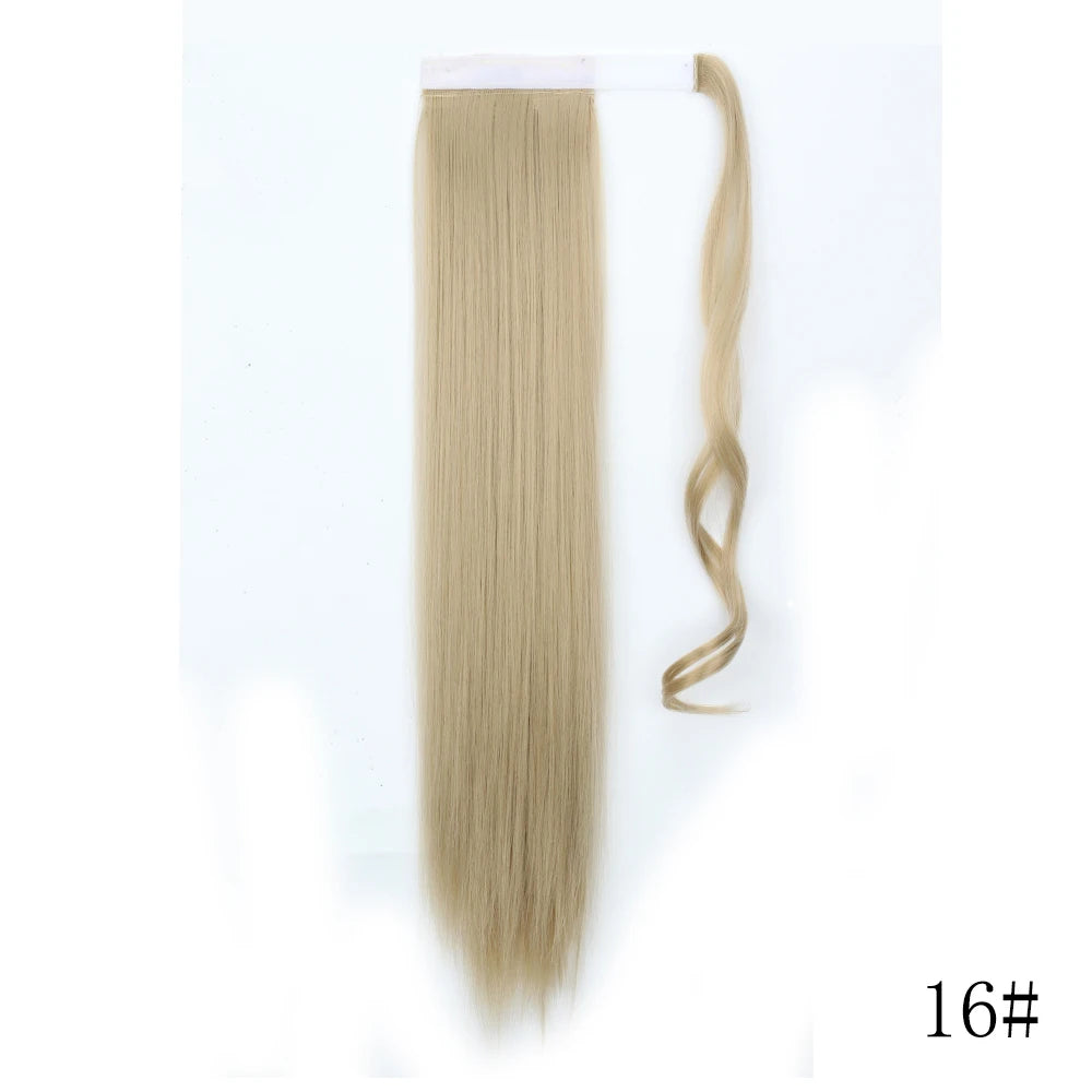 22 34inches Long Straight Ponytail Synthetic Extensions Heat Resistant Hair Wrap Around Pony Hairpiece for Women