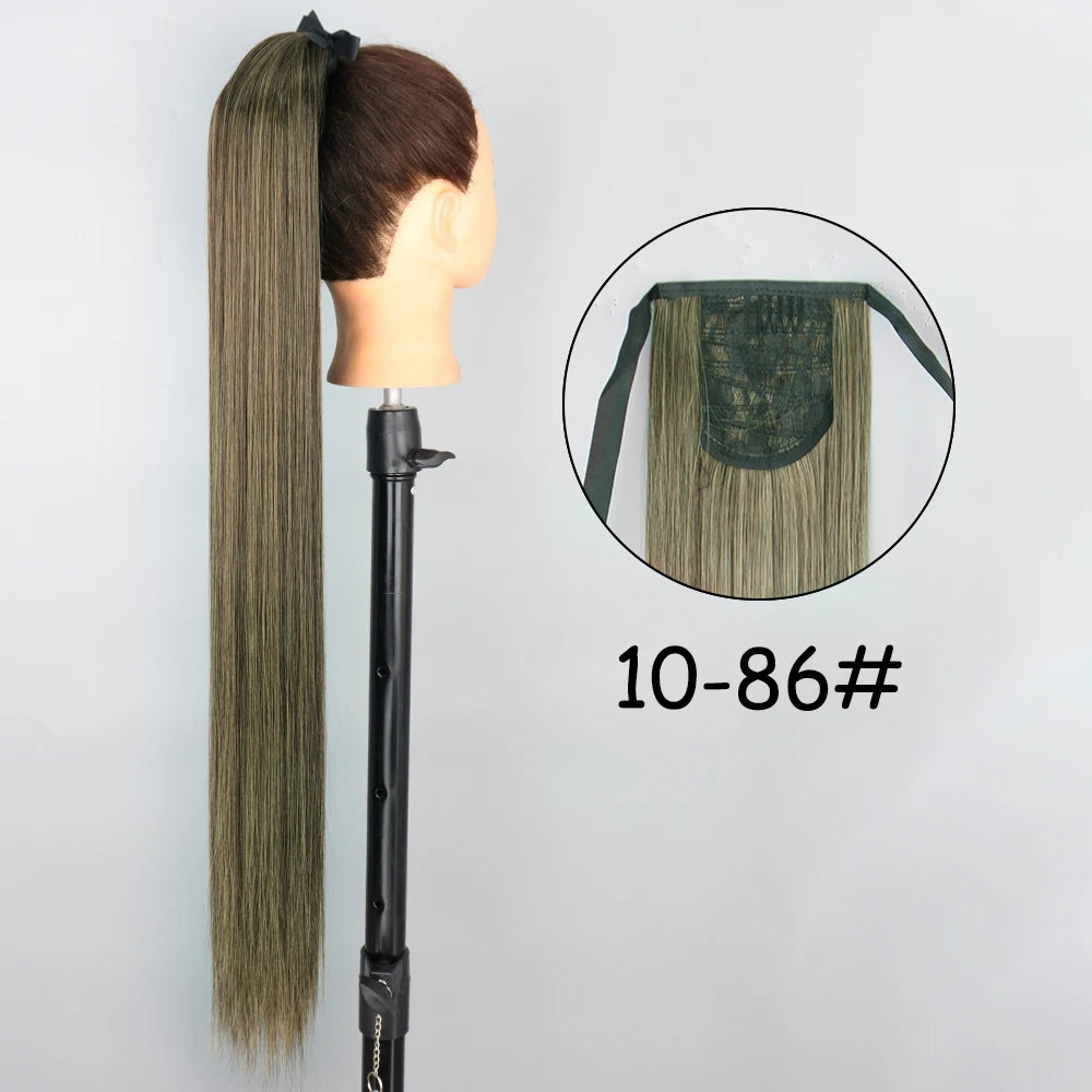 34inches Synthetic Ponytail Hair Extension Clip in Fake Wig Hairpiece Blonde Wrap Around Pigtail Long Smooth Overhead Pony Tail