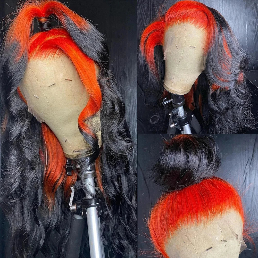 Charisma 26 Inches Long Body Wave Synthetic Lace Front Wig Orange To Black Ombre Wigs For Women Frontal Wig Cosplay