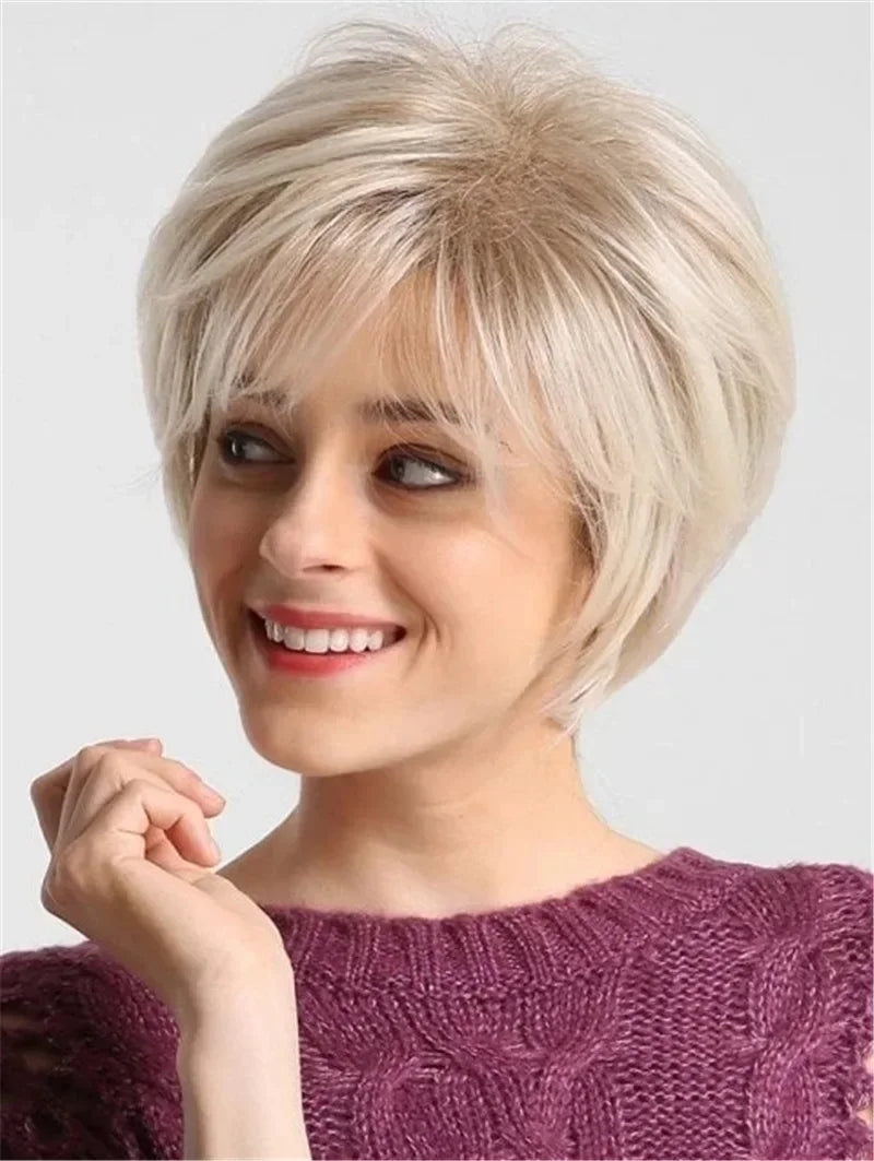 Women's Fashion Short Synthetic Wigs Pixie Cut Blonde Ombre Hair Costume Party Female Natural Curly Wavy Wig