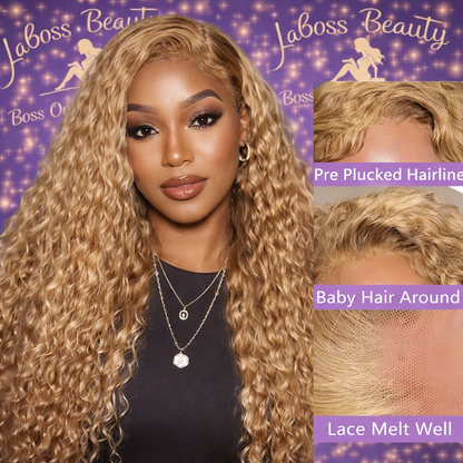 200% Density #27 Honey Blonde Wig Human Hair Deep Wave 13x6 Human Hair Lace Frontal Wig 13x4 Lace Front Human Hair Wig Curly Wig