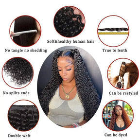 Deep Wave Human Hair Bundles with Closure 100% Unprocessed Virgin Human Hair 3 Bundles With Transparent Lace Frontal Natural  1B