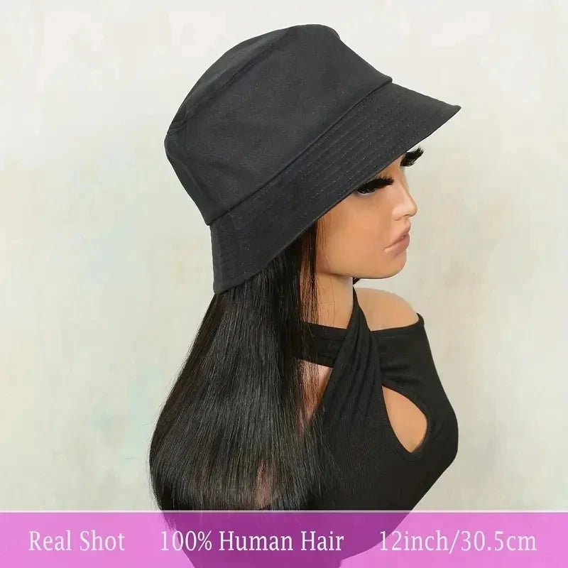 Yyong Hat Wig Straight Hair Bob 100% Human Hair Wigs 8"-16" For Woman Fisherman Hat Extension Affordable Hair Silky Wig