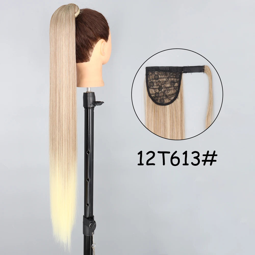 34inches Synthetic Ponytail Hair Extension Clip in Fake Wig Hairpiece Blonde Wrap Around Pigtail Long Smooth Overhead Pony Tail