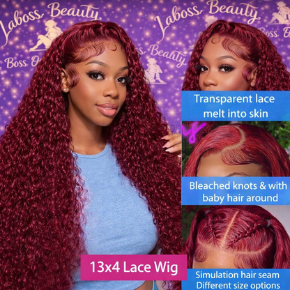 LaBoss Beauty 99J Burgundy Deep Wave Wig – 13x6 HD Lace Frontal | 250% Density | 100% Human Hair (30–40”)