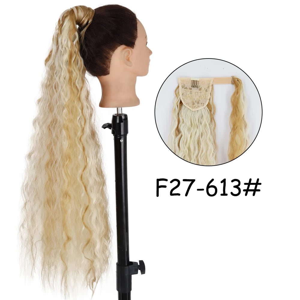 34inches Synthetic Ponytail Hair Extension Clip in Fake Wig Hairpiece Blonde Wrap Around Pigtail Long Smooth Overhead Pony Tail