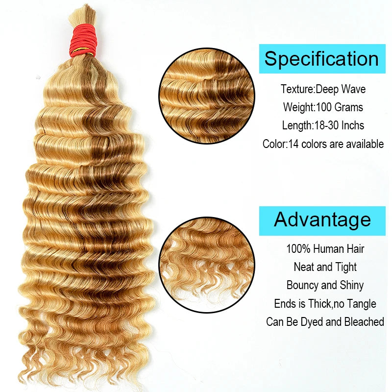 100% Real Virgin Human Hair Bulk Extension 613 Blonde Hair Bulk Weaving For Braiding Unprocessed No Weft Deep Wave Hair Bundles